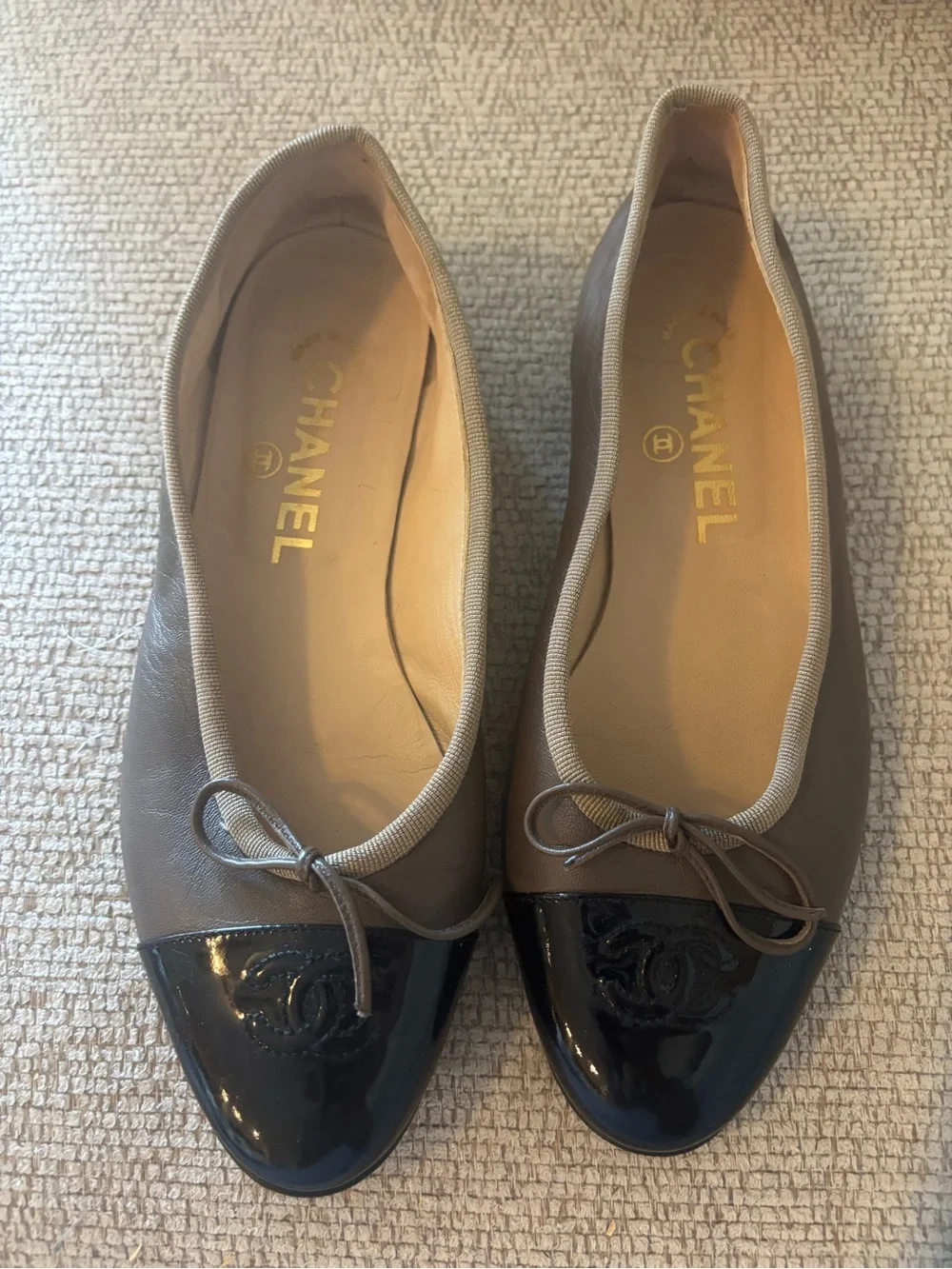 CHANEL Taupe Leather Ballet Flats with Black Patent Cap Toe